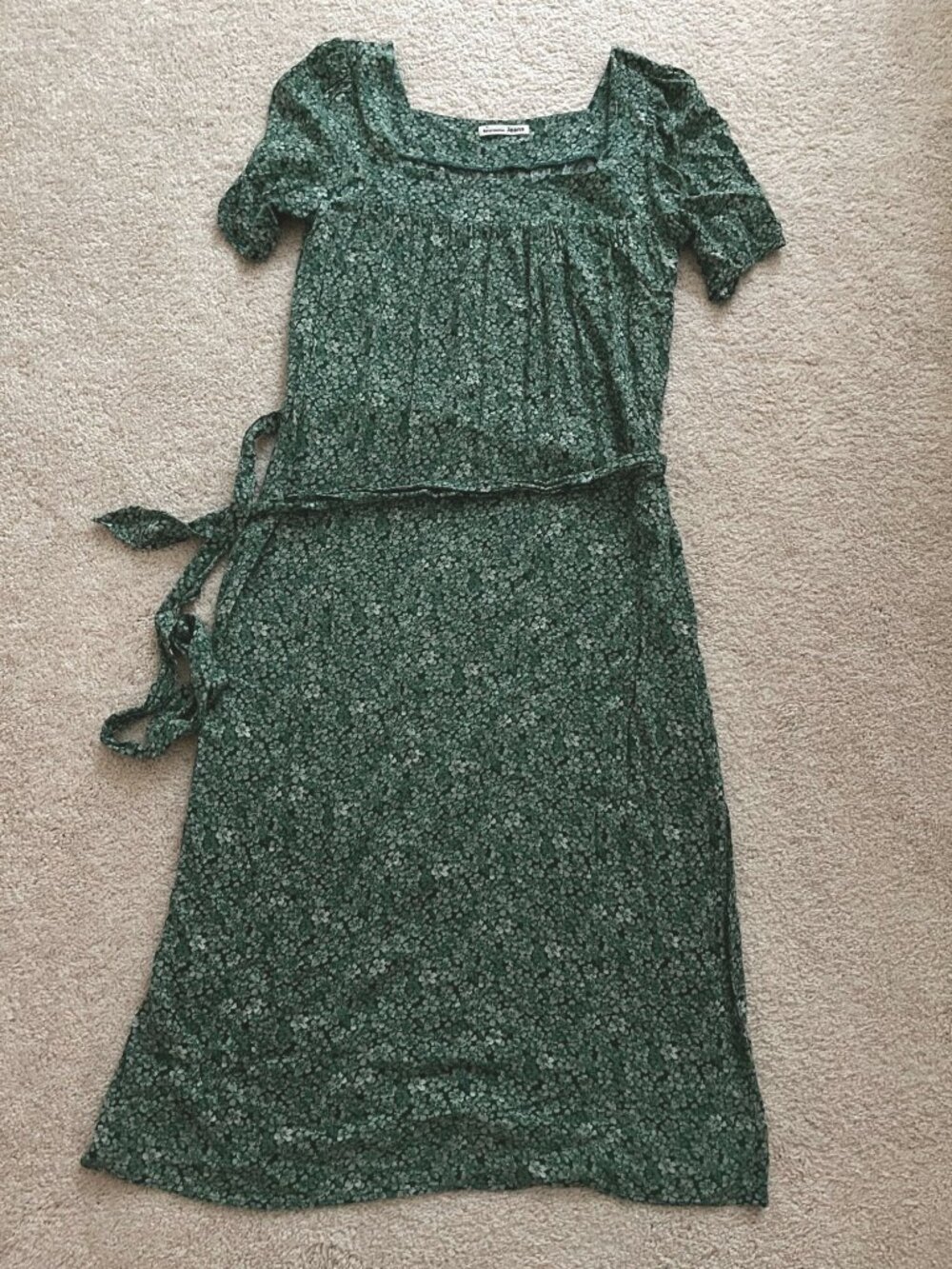 Reformation Jeans Green Ditsy Floral Midi Tie Waist Dress Sz MEDIUM